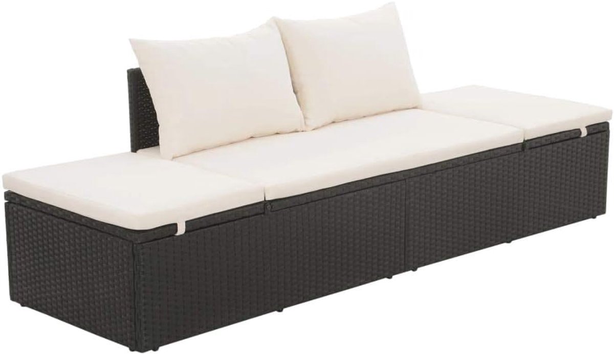 Yorten Verstelbare tuinzonnestoel, outdoor zonnebed, PE-rotan vrijetijdsligstoel, slaapbed, 195 x 60 x 60 cm, zwart en crèmewit