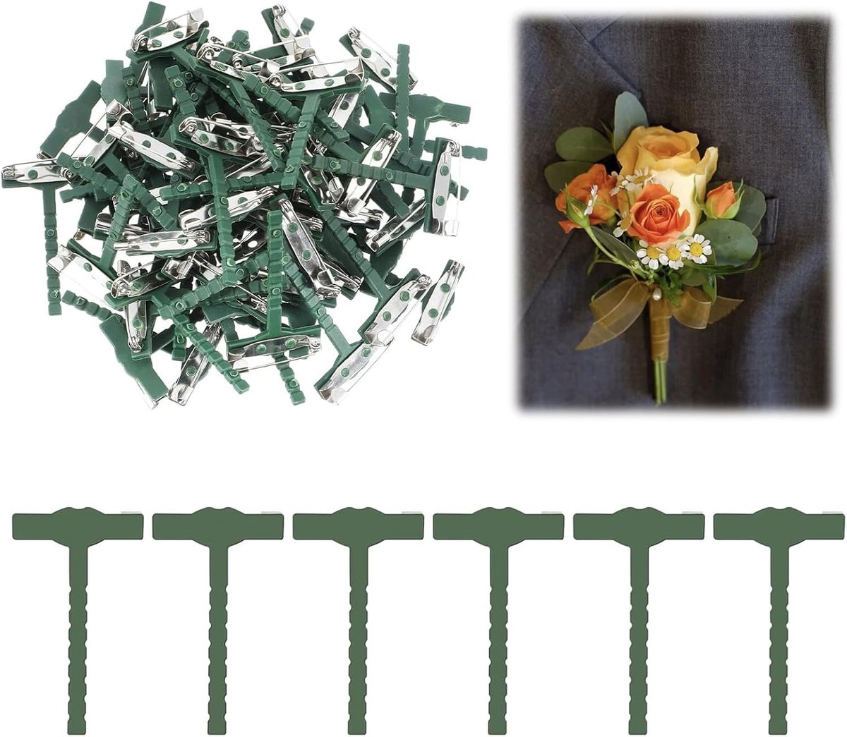 90 stuks boutonniere pinaccessoires, veiligheidsspelden, eenvoudig te monteren, veilig in T-vorm, veiligheidsspelden van kunststof, geschikt voor bruiloften, banketten en andere evenementen
