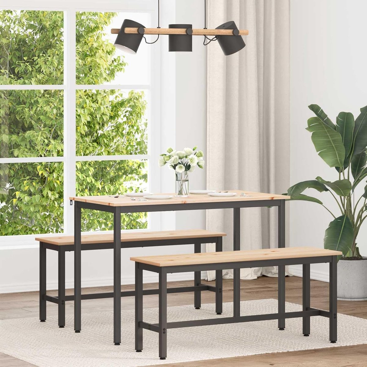 Eettafel van massief grenenhout, 110 x 55 x 75 cm, met stabiele metalen poten voor eetkamer en keuken