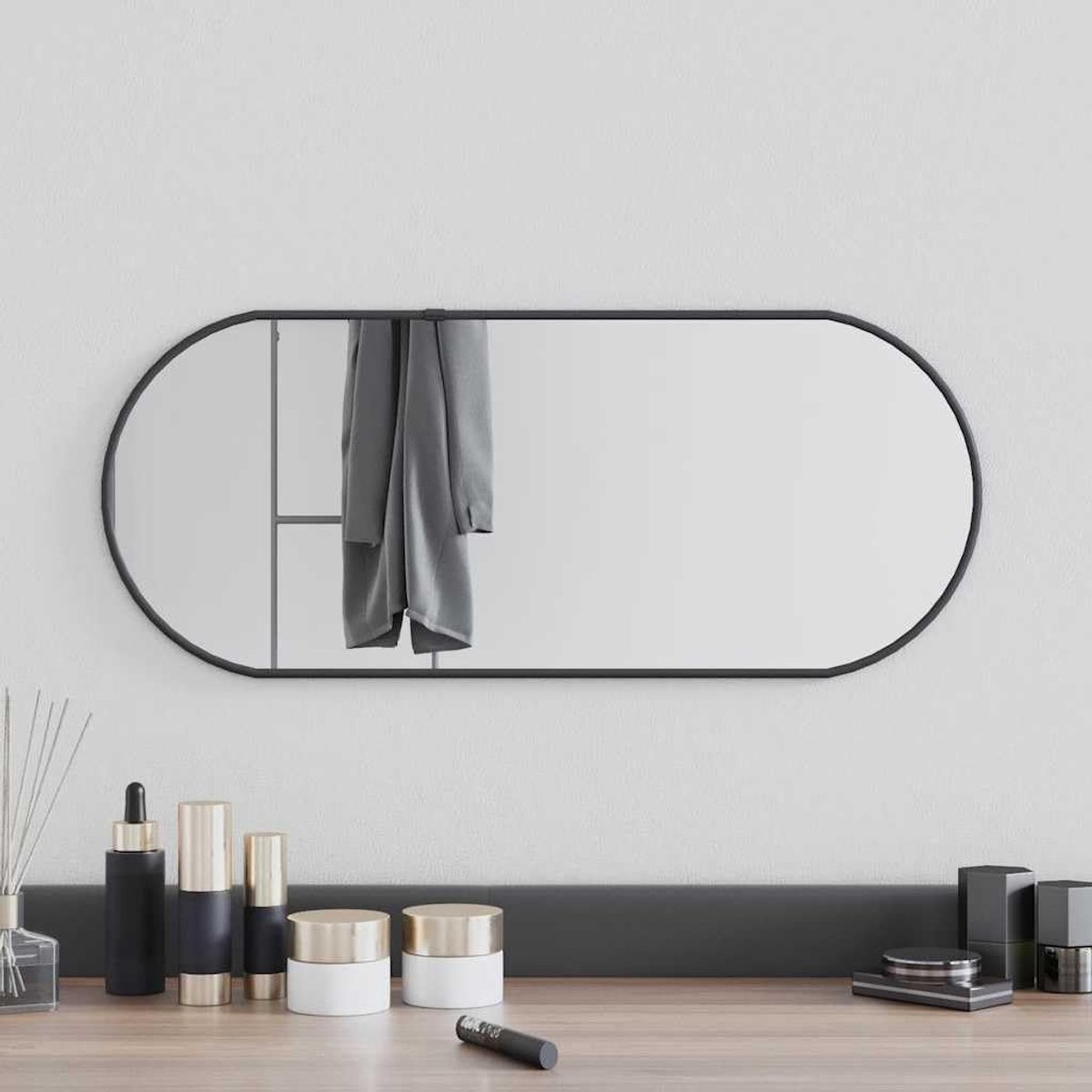 Wandspiegel zwart, 60 x 25 cm, ovaal, van glas, met pvc-frame voor heldere reflectie en wandmontage, in slaapkamer, hal of badkamer, set van 4