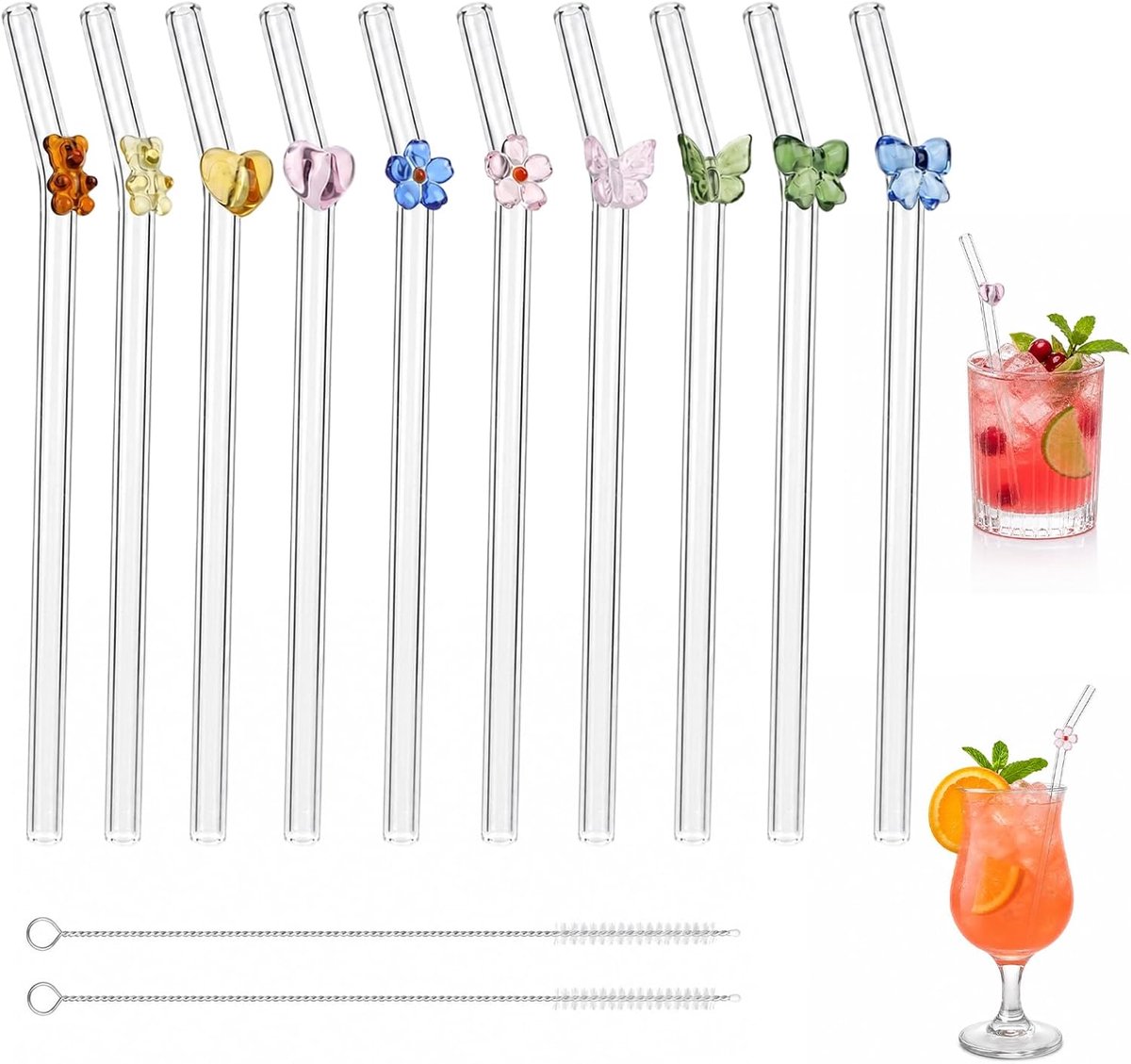 10 stuks glazen rietjes, gebogen glazen rietjes, met reinigingsborstels