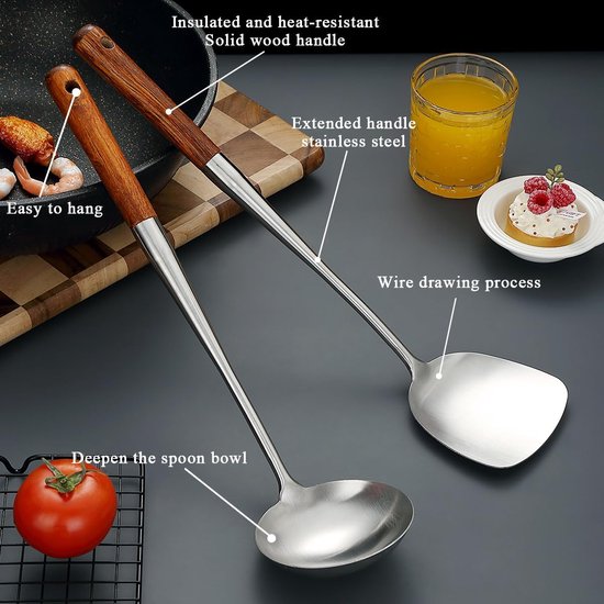 Spatel Set 43cm, RVS Wok Gereedschap met Houten Handvat Hittebestendig, Metalen Spatel en Pollepel, Hoogwaardige Keuken Kookgerei Sets, Wok Accessoires — afbeelding 3