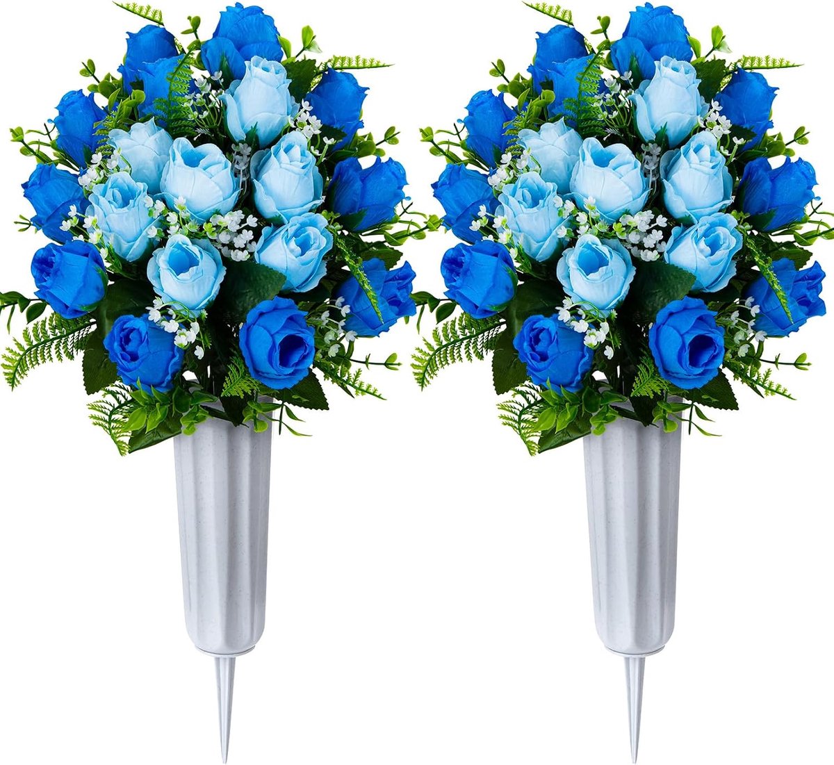 Kunstgrafbloemen voor begraafplaatsen, 2 stuks kunstgrafbloemenboeketten met vaas voor decoratie van grafstenen in de open lucht (lichtblauw en donkerblauw)
