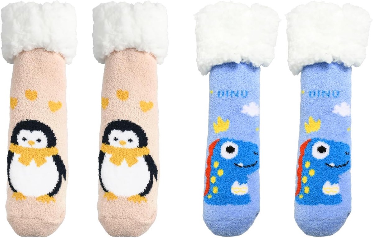 Sokken voor kinderen (2 paar), warm, geschikt voor kinderen van 2 tot 4 jaar, dinosaurussokken