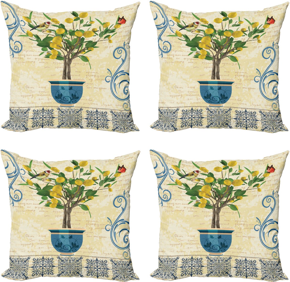 ABAKUHAUS Vintage Sierkussen Kussenhoes 4er Set, Retro Stijl Lemon Boom, Modern Accent Dubbelzijdige Digitale Print, 50 x 50 cm, Meerkleurig
