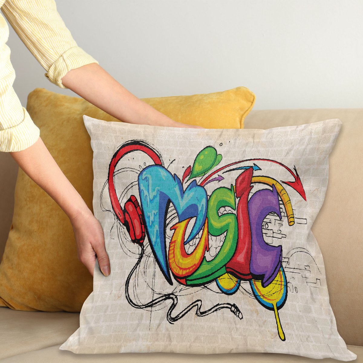 ABAKUHAUS Retro Kussenhoes, Muziek Graffiti Hip Hop, Digitale Print, Waterbestendig, Kleurecht, Wasbare Kussenhoes met Ritssluiting, 50 x 50 cm, Meerkleurig