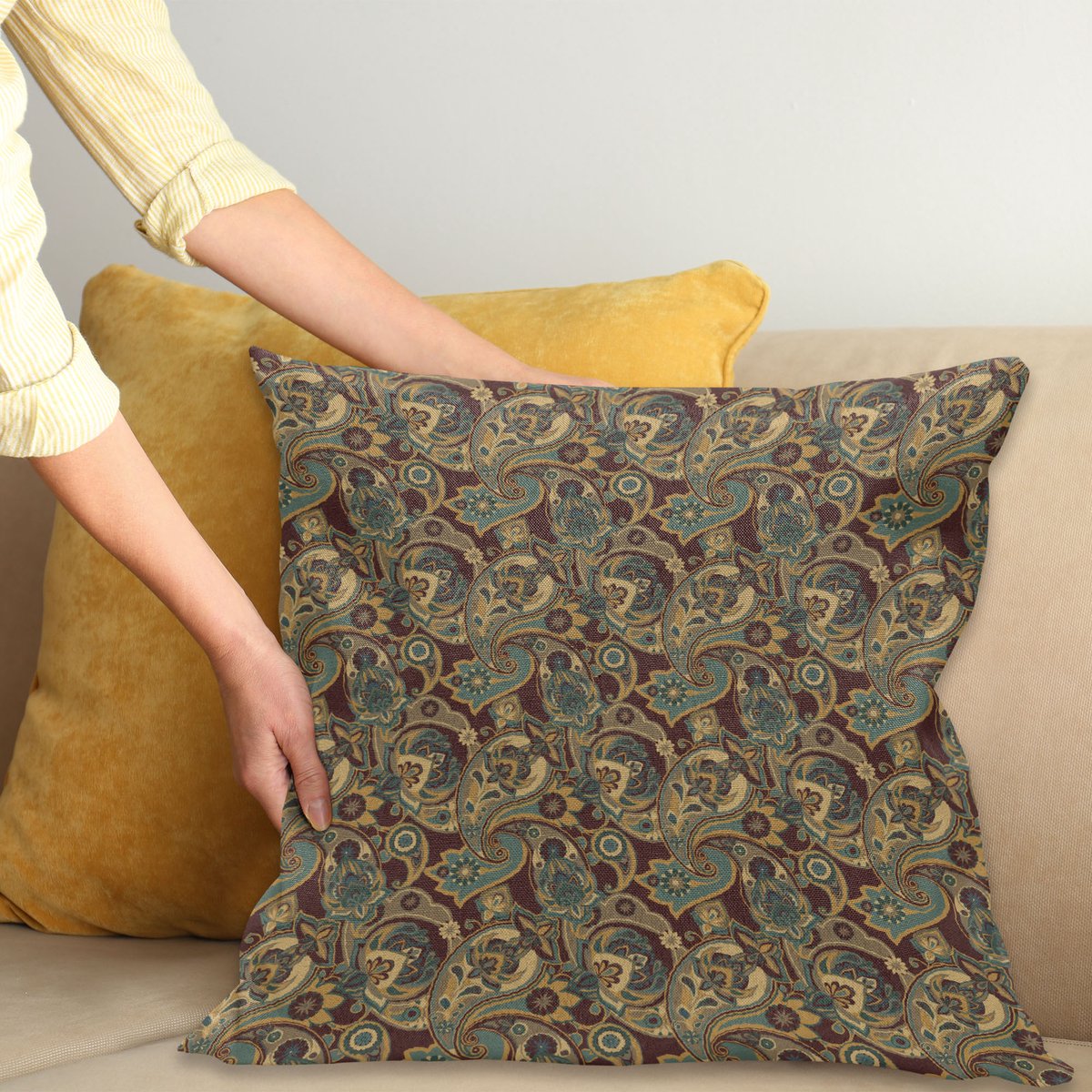 ABAKUHAUS Paisley Kussenhoes, Naher Osten Hippie Bloesems, Kussenhoezen met Dubbelzijdige Print Kleurecht Wasbaar en Ritssluiting, 45 x 45 cm, Sandbraun Chocolade