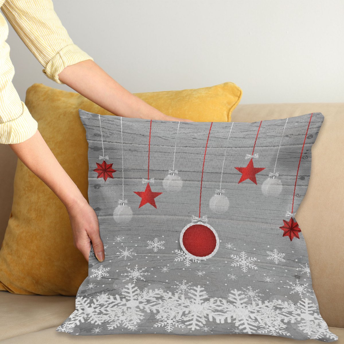 ABAKUHAUS Kerstmis Kussenhoes, Sterren-Flitter Sneeuw, voor de Binnen of Buiten Gebruik Geschikt met Ritssluiting Wasbare Stof, 40 x 40 cm, Wit Grijs Rood