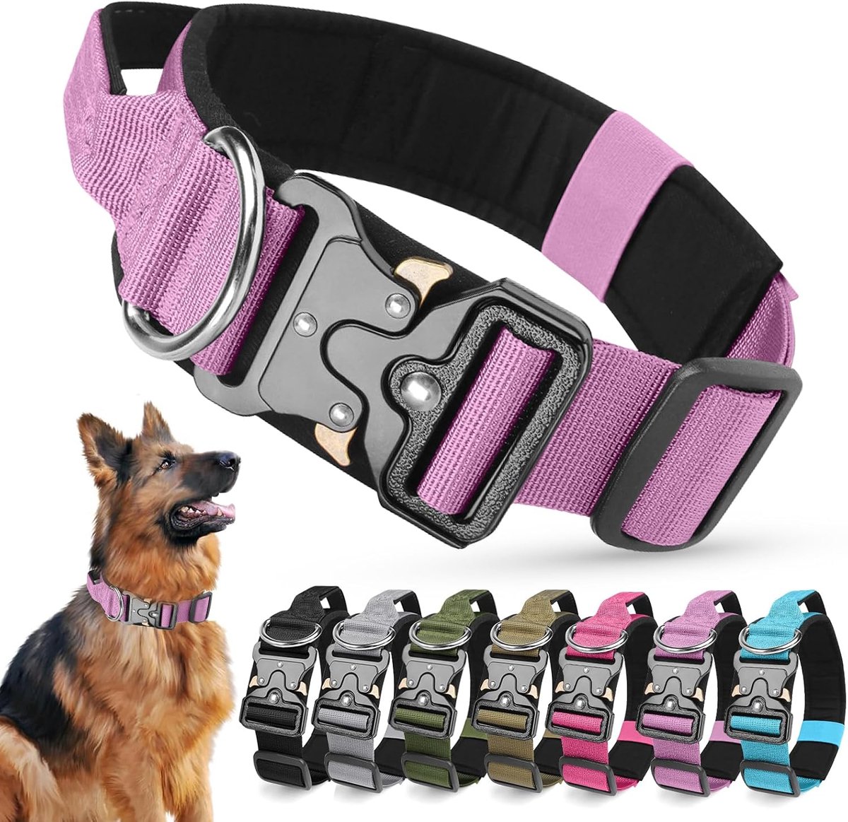 Hondenhalsband, gewatteerde verstelbare polypropyleen zachte halsbanden, zwaar belastbare, ademende, sterke trainingshondhalsband met handvat en robuuste metalen gesp (paars, L)