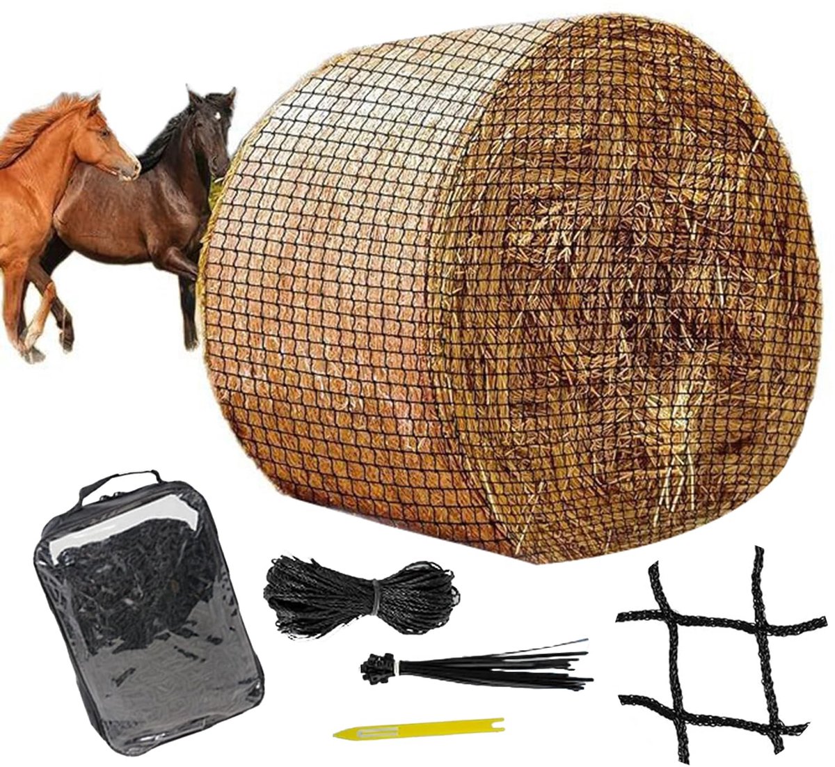 Hooiennet voor paarden, 180 x 180 cm, hooinet op ronde pellen, slijtvast hooinet voor paarden, maaswijdte 4,5 x 4,5 cm, verlenging van de voedertijden (180 x 180 cm)