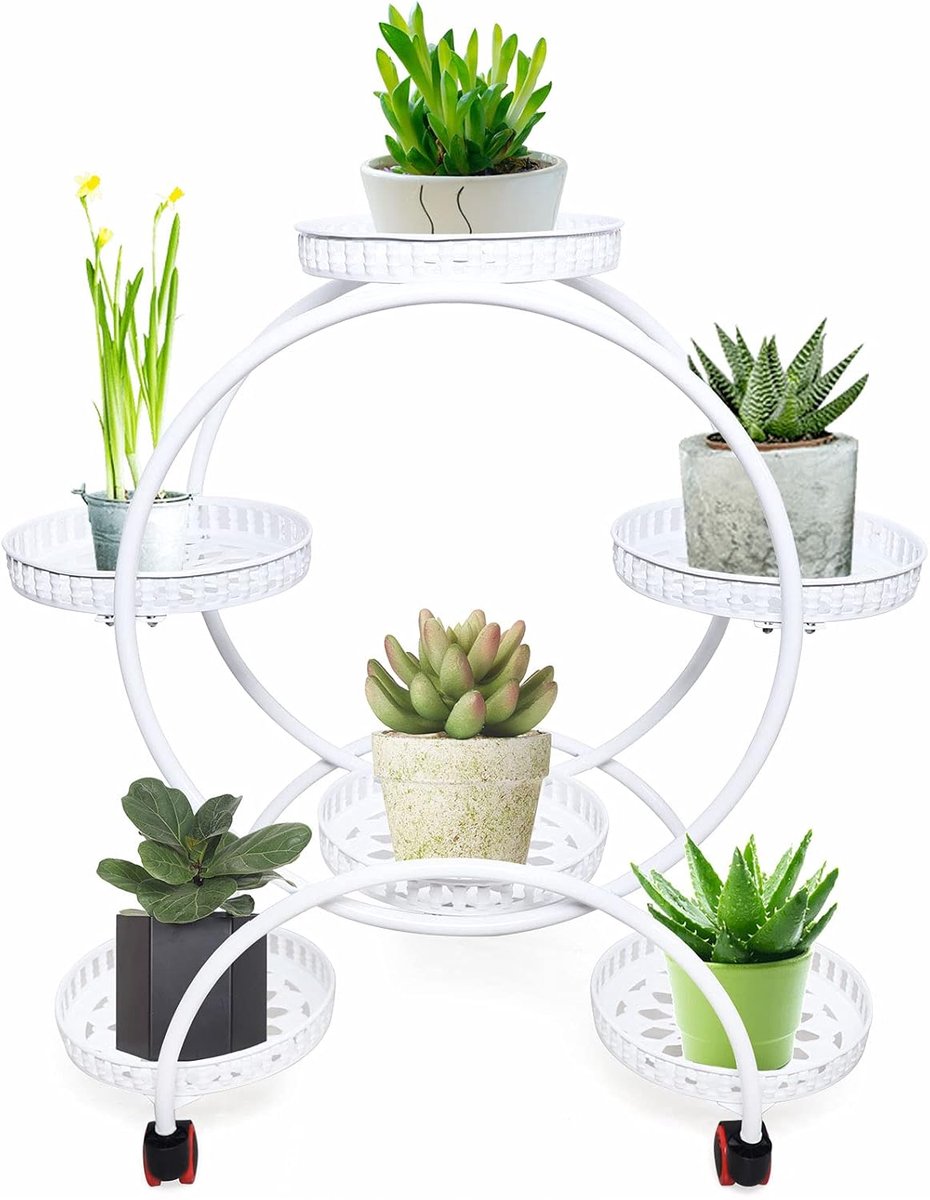 Metaal, bloemenrek, plantenrek, plantentrap, mobiel met wiel, voor binnenplaats, tuin, balkon, woonkamer, kantoor met 6 planken, wit
