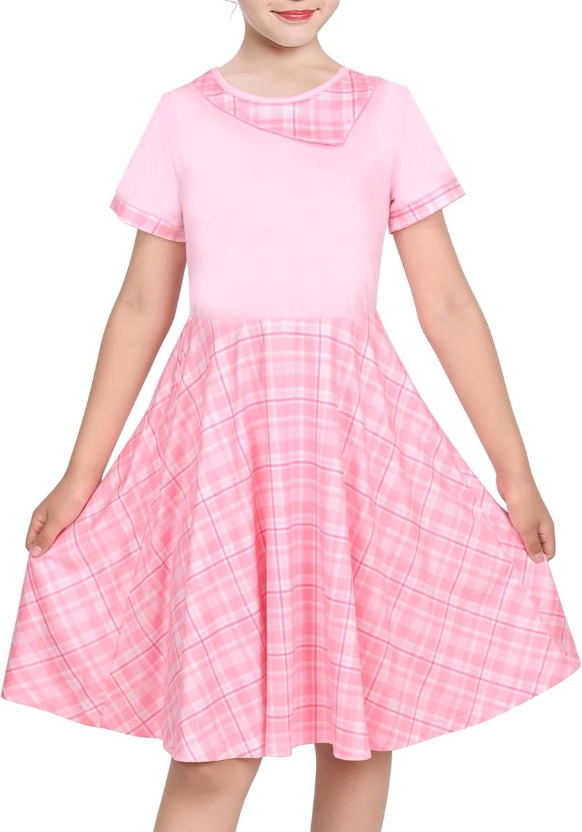 Jurk Asymmetrisch Halsband Brei Preppy School Familie Korte mouw Katoen 6-12 jaar