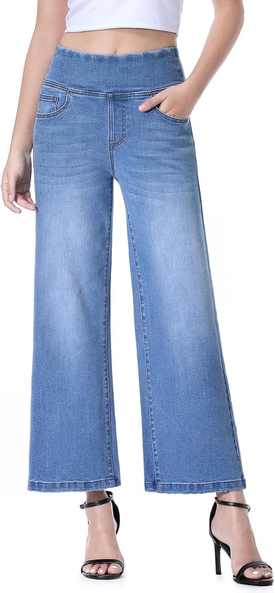 Dames, Hoge Taille Capri Broek met Push Up en Elastische Taillebies, Stretch Denim Trekbroek voor Vrije Tijd