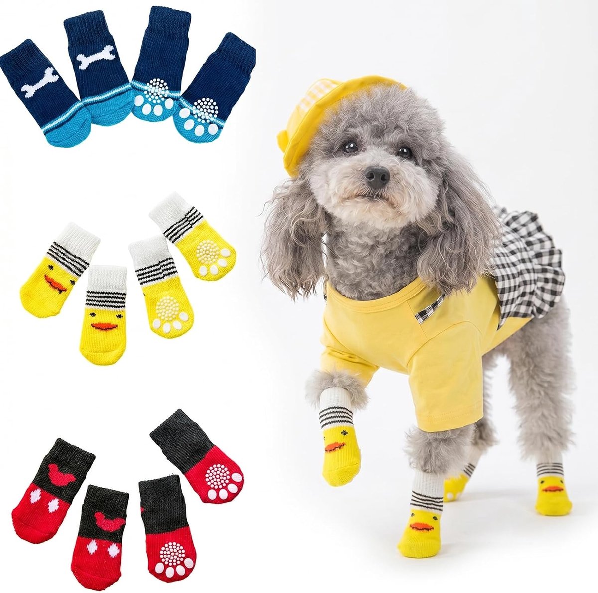 3 paar antislip sokken voor honden en katten, pootbescherming voor kleine dieren, motief gele eend, rood en blauwe botten, maat S voor puppy's en kittens