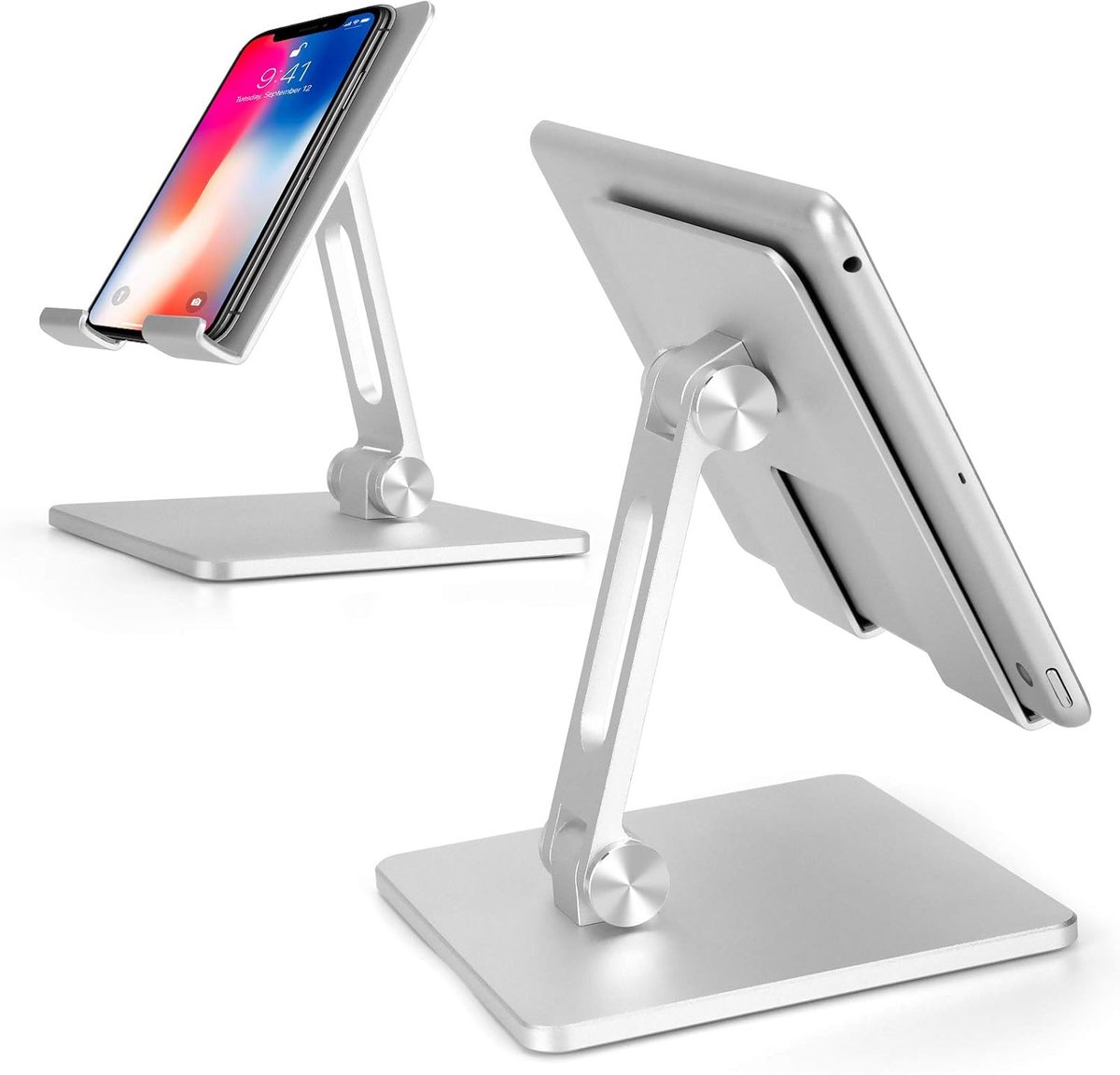 Aluminium Tabletstandaard,Dubbele Hoogte en Hoek Verstelbare Houder voor 4-15,6" Tablet/iPad/Mobiele Telefoon (Zilver)