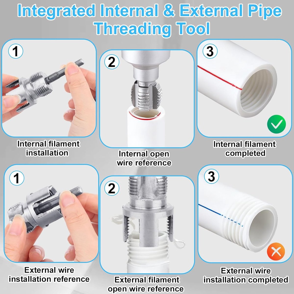 2st Geïntegreerd Intern & Extern Pijp Draad Snijgereedschap voor Elektrische Boormachine, 1/2'' & 3/4'' Snijplaten Dubbel Functie Pijp Draad Snijgereedschap voor PVC Kunststof Buizen