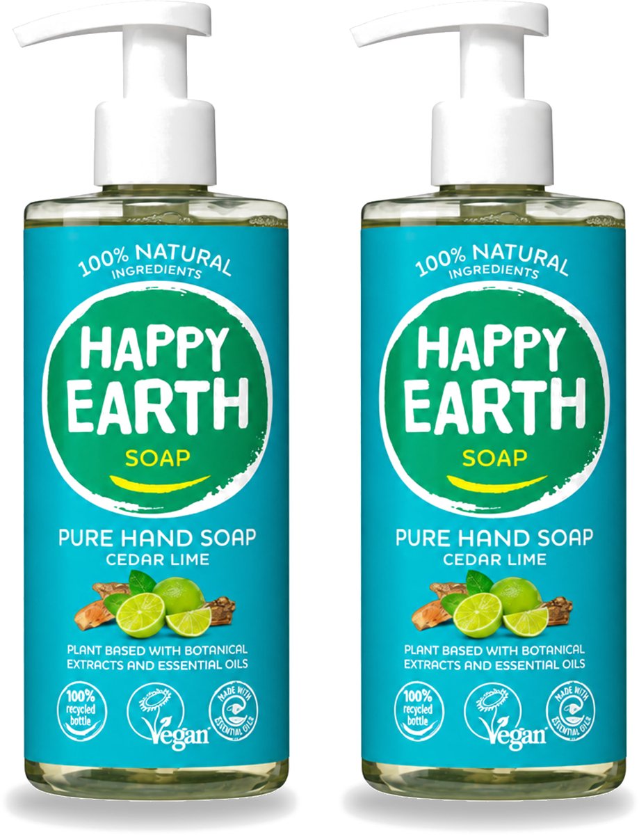 2 x Happy Earth – Handzeep – 100% Natuurlijk Cedar Lime – 300 ml - Voordeelverpakking - 2 stuks