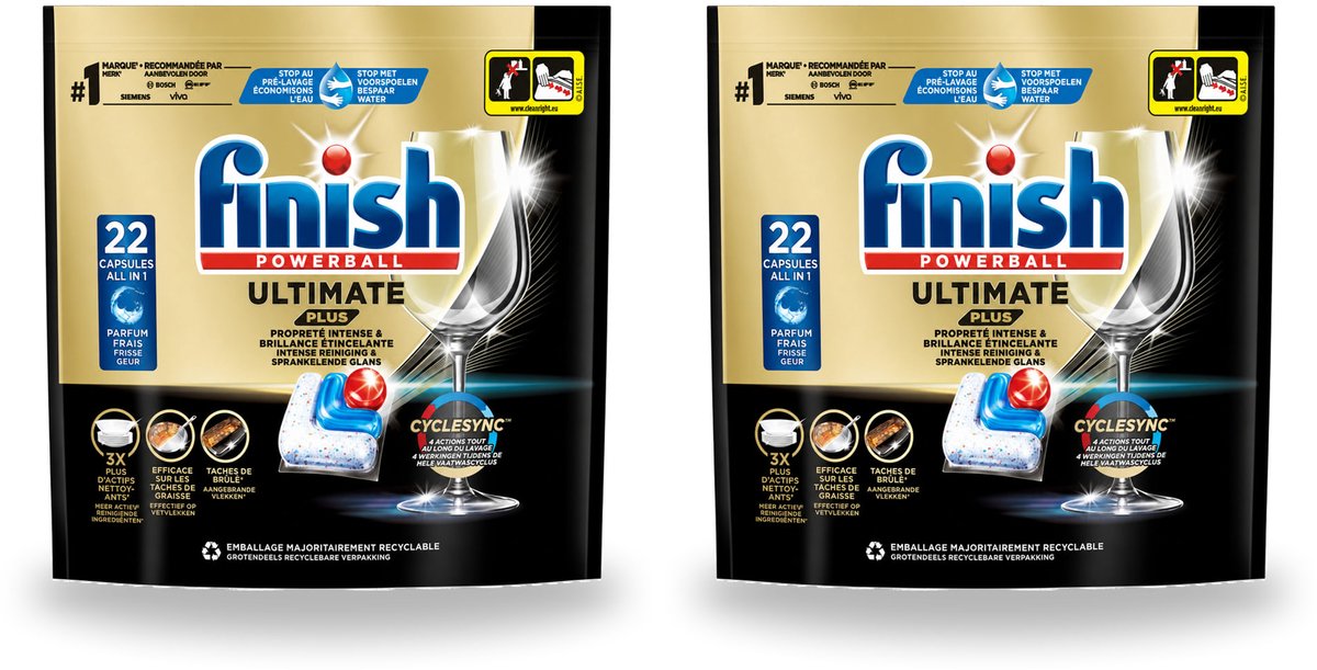 2 x Finish - Vaatwasmiddel - Ultimate Plus Vaatwastabletten Regular - Krachtige Alles-in-1 Reiniging - 22 capsules - Voordeelverpakking - 2 stuks