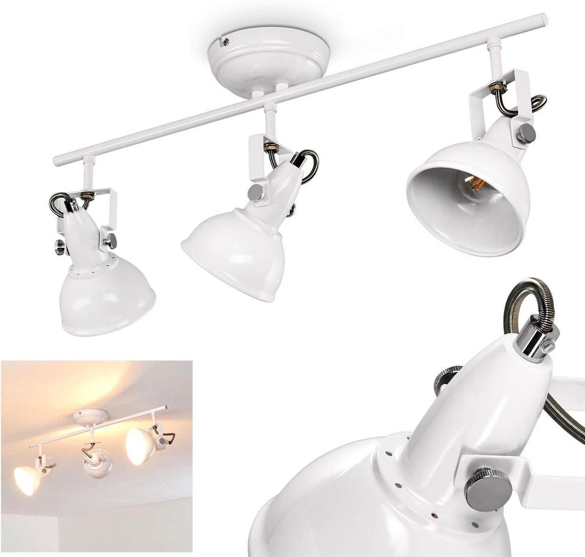 Plafondlamp Tina, metalen plafondlamp in wit, 3 lampen, met verstelbare spots, 3 x E14-fitting, spot in retro/vintage design, zonder gloeilampen