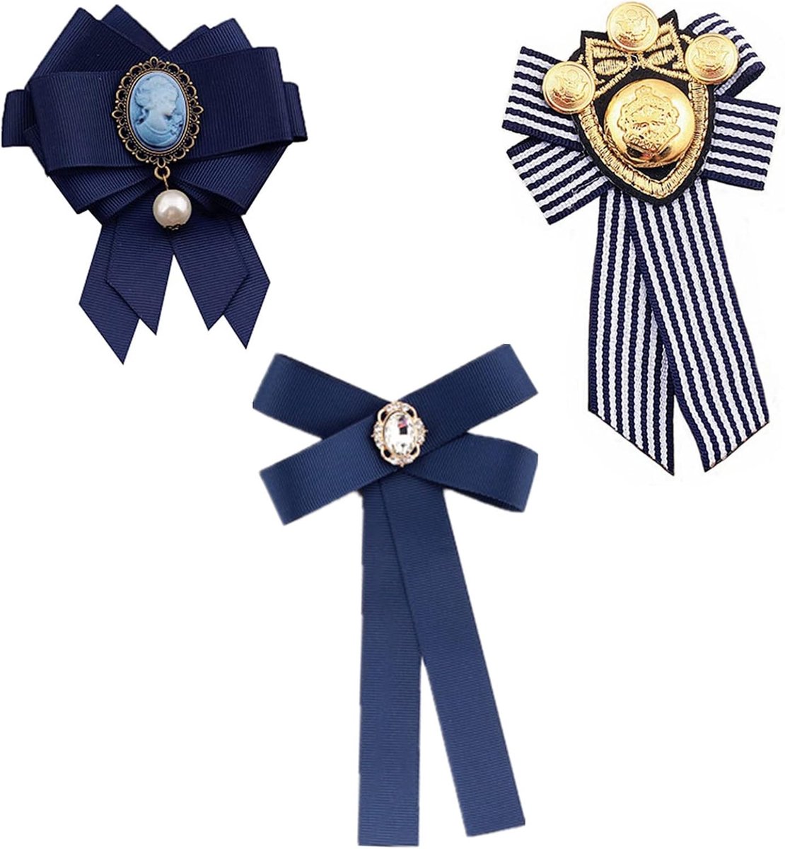 3 stuks damesbroche vintage brochenaalden strikbroche bowknot parel broche kledingsieraden voor bruiloft feest verjaardag sieraden accessoires, blauw/strepen