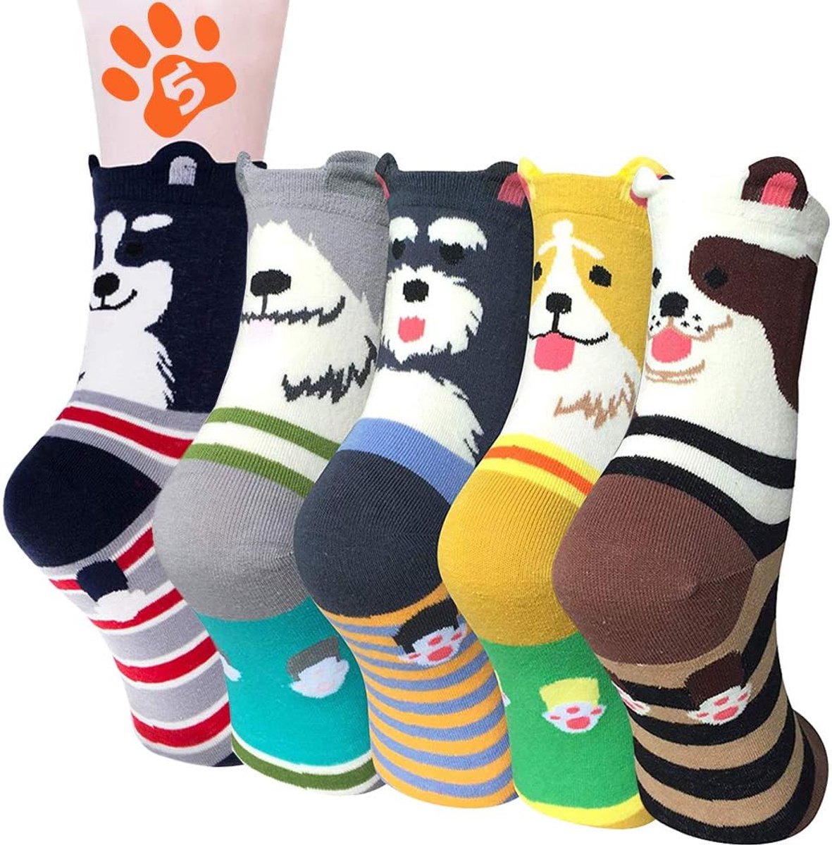 Sokken, 5 paar, multipack, wintersokken, knuffelsokken, katoenen sokken voor vrouwen en meisjes, kerstcadeau, winter, dik, warm, grappig, katoen, sokken met print, cartoon-hond