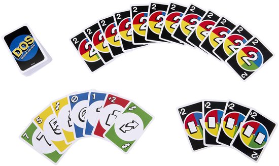 DOS Second Edition speelkaarten: een kaart met het logo, een reeks kaarten met het cijfer 2 in verschillende kleuren, en twee stapels met kaarten.