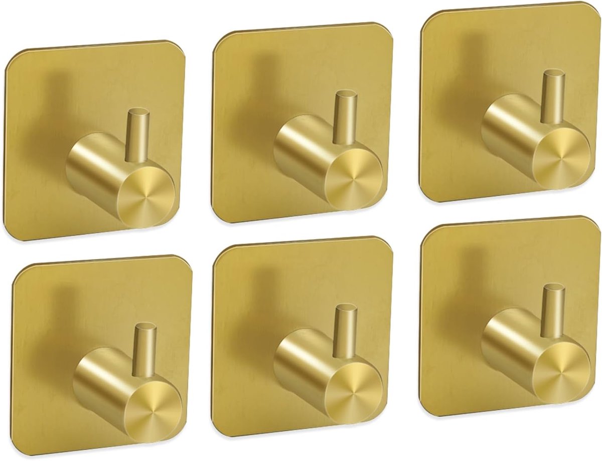 6 Roestvrijstalen Zelfklevende Haken Goud, Badhanddoekhaken wandhaken kleefhaken Zelfklevende Handdoekhaak Deurhaak Geschikt voor Badkamer keuken zonder boren