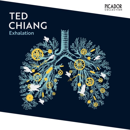 Illustratie van longen met tandwielen, vogels en blauwe takken op een donkere achtergrond. Titel: Ted Chiang Exhalation.