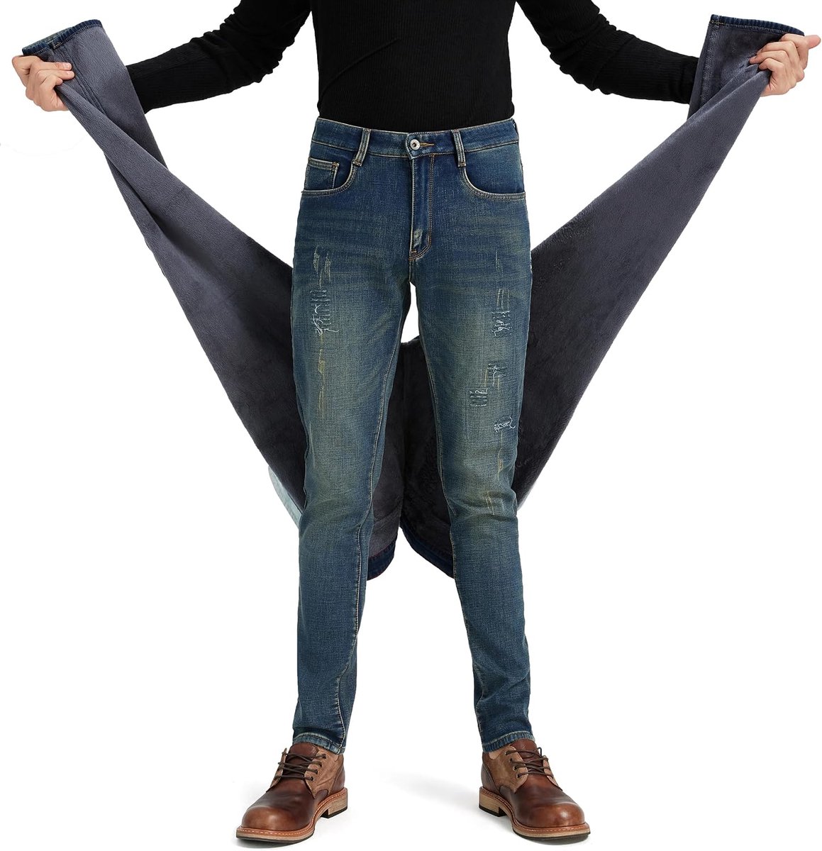 Jeans voor heren, thermische jeans met fleece, warm, stijlvol, geribbeld, patched denim, comfortabel, taps toelopend, slim fit, streetwear