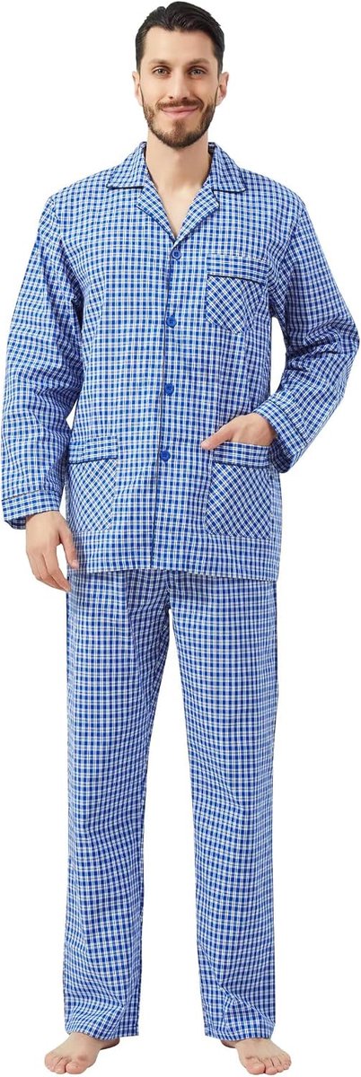 pyjamaset voor heren, 2-delig, geruite comfortabele nachtkleding, pyjama's met zakken