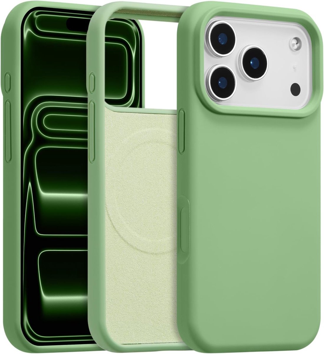 telefoonhoesje van vloeibaar siliconenrubber, compatibel met MagSafe, schattig effen kleur, slanke hoes, zacht, glad, mat, schokbestendig, beschermhoes, matcha groen