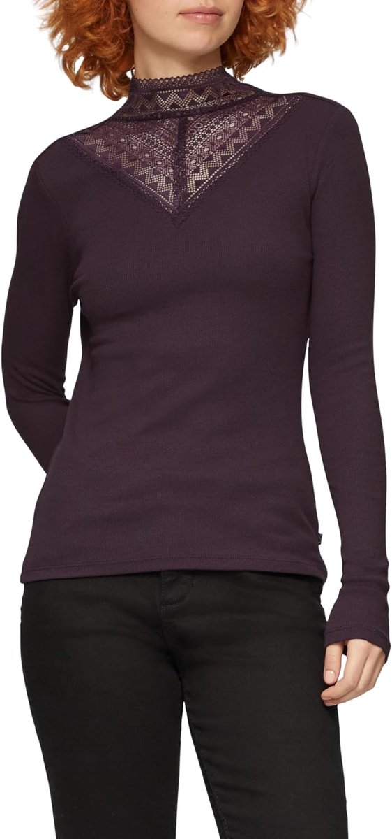 Geribbeld shirt met kanten inzetstuk en opstaande kraag van kant, 4988 kg, XS
