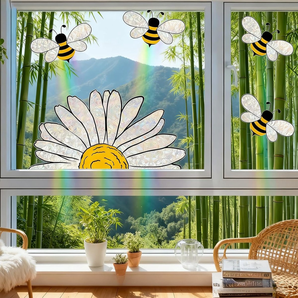 Kleine bij en zonnebloemen, raamstickers met vier seizoenen, dubbelzijdige glasstickers, glanzende raamstickers in regenboog-prismavorm