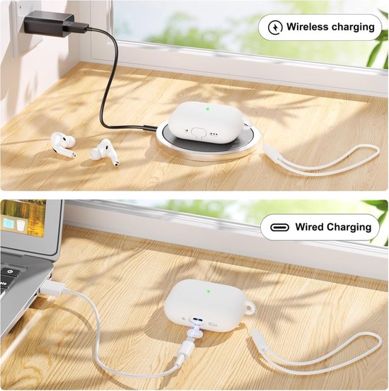 2 stuks Mocarheri hoes compatibel met AirPods Pro 3 (2025), beschermende siliconen hoes voor AirPods Pro 3e, zachte huid voorkant led zichtbaar siliconen hoesje (wit/donkerblauw) — afbeelding 3