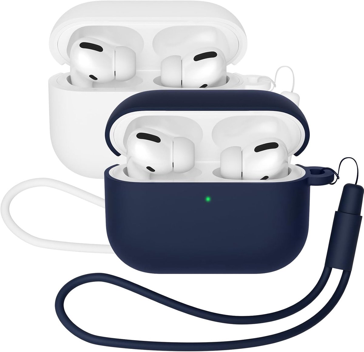 2 stuks Mocarheri hoes compatibel met AirPods Pro 3 (2025), beschermende siliconen hoes voor AirPods Pro 3e, zachte huid voorkant led zichtbaar siliconen hoesje (wit/donkerblauw)