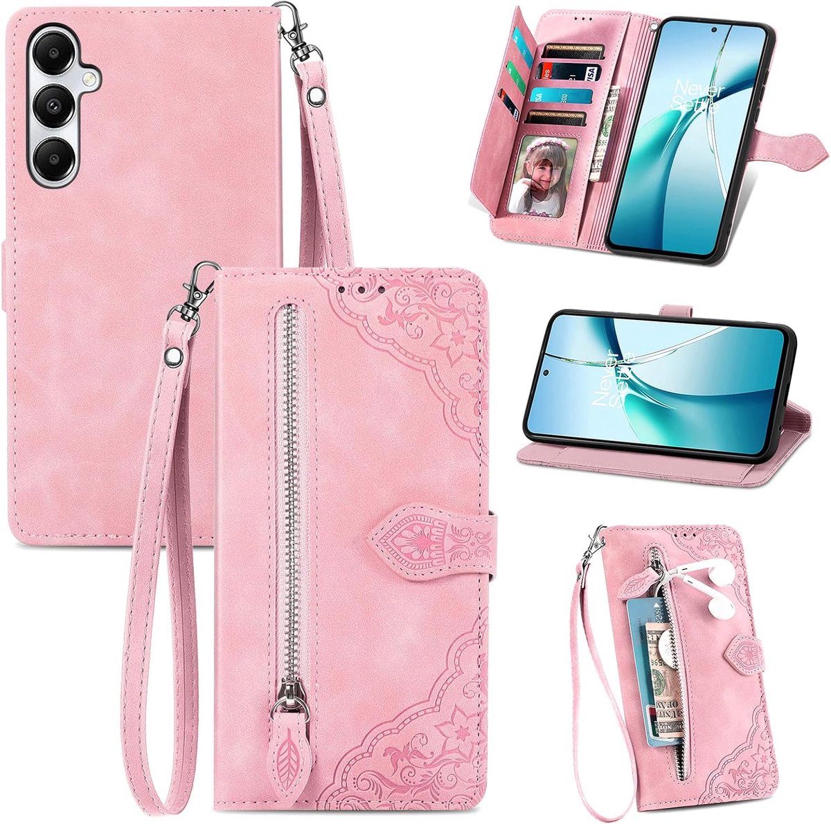 Hoesje voor Samsung Galaxy A17 5G, lederen portemonnee flip book hoesje met kaarthouder, standaard en handband, mooie bloem schokbestendig hoesje, roze