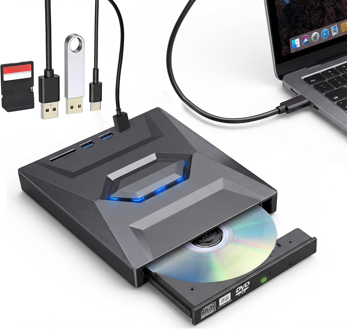 cd-dvd-drive voor laptop: USB 3.0 & Type C dvd-drive extern met SD/TF kaartlezer en USB-poorten, CD DVD RW-brander voor laptop, desktop, Windows XP/2003, Win 7/8/8.1/10, Linux, Vista