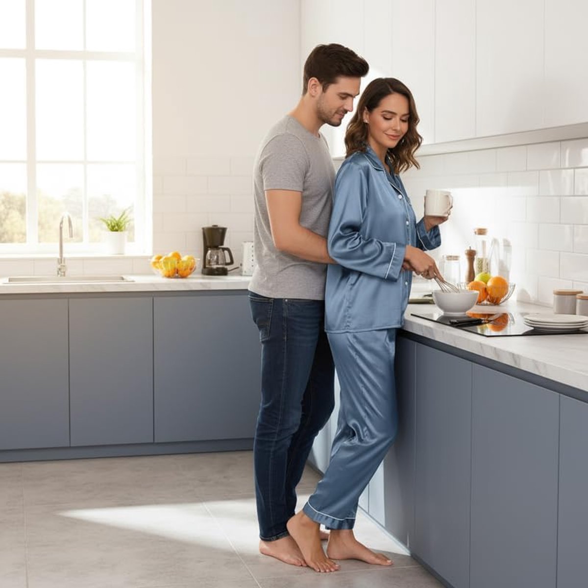 Damespyjama van zijde, 2-delige satijnen pyjama's met lange mouwen en knopen en bijpassende broek, lichte en ademende nachtkleding voor dames voor thuis