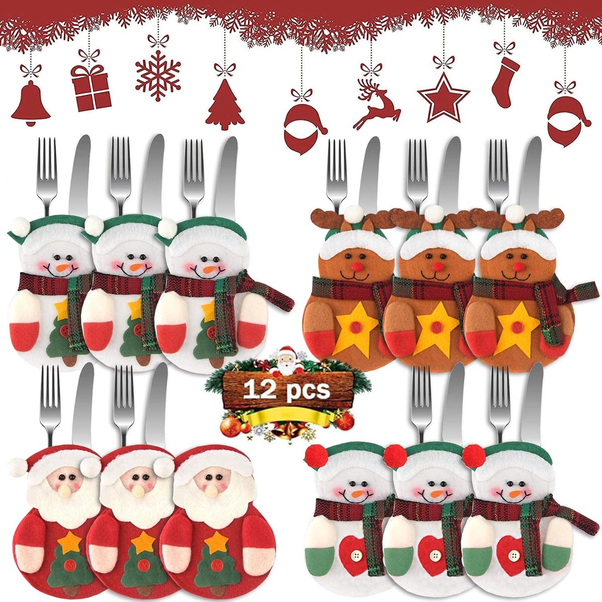 12 stuks kerstbestekzakjes, kerstboombestekhouders, Kerstbestek Houder, 12-delige Kerstman, bestek tas, kersttafel decor, kersttafel decor, tafel decor bestek tassen, versier verschillende kerstrekwisieten