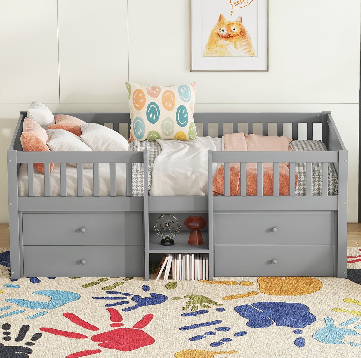 WUVRIE Halfhoogslaper 90x200 cm met 4 lades, veiligheidshek en ladder, grijs