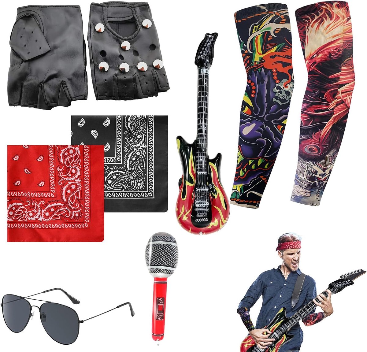 Accessoireset – Hiphop Outfit Set voor Mannen – Punk Handschoenen, Zonnebril, Tattoo Sleeves, Opblaasbare Gitaar & Microfoon – Perfect voor Rock en Punk Thema Feesten
