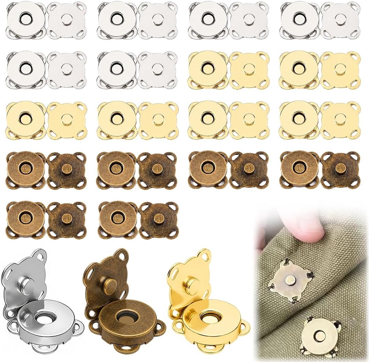 Sluiting voor tassen 18 paar, Magneetknopen 14 mm om te naaien, Tassensluiting voor DIY-naaiprojecten – 3 kleuren