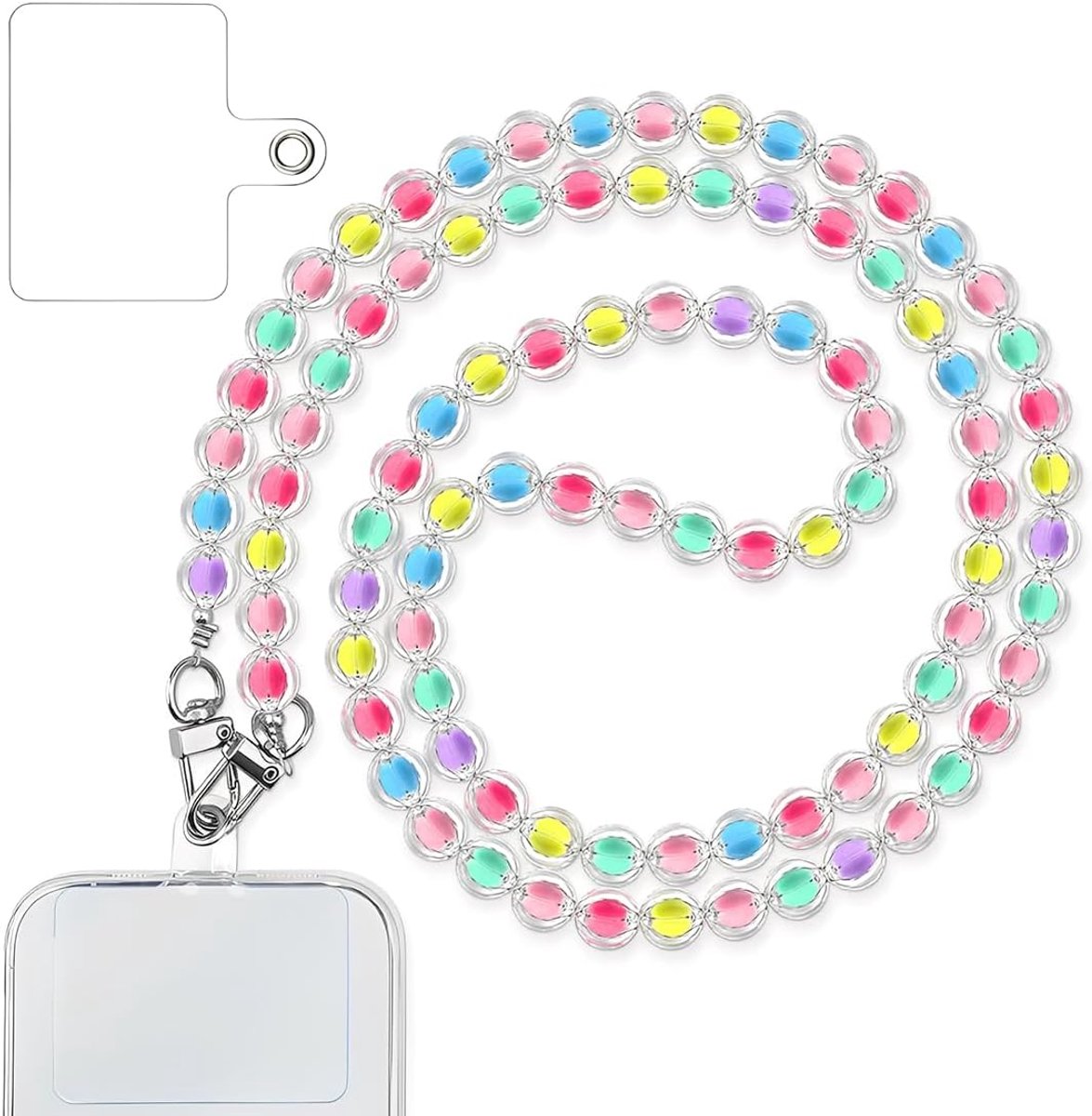 1 stuks telefoonkoord, telefoonlus, telefoonketting met houten kralen, kleurrijk parelkoord, 120 cm omhangkoord voor mobiele telefoon, omhangkoord, sleutelkoord