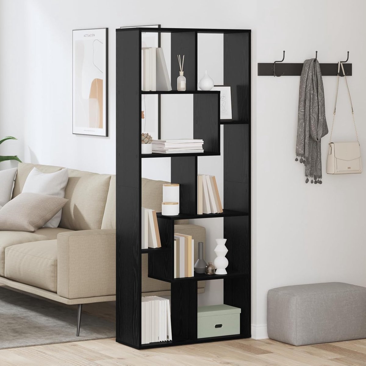 Ruimteverdeler boekenkast zwart eiken, 67 x 25 x 161,5 cm, houtmateriaal, open staand rek, boekenkast voor boeken, decoratie, map, woonkamer, thuiskantoor, eetkamer