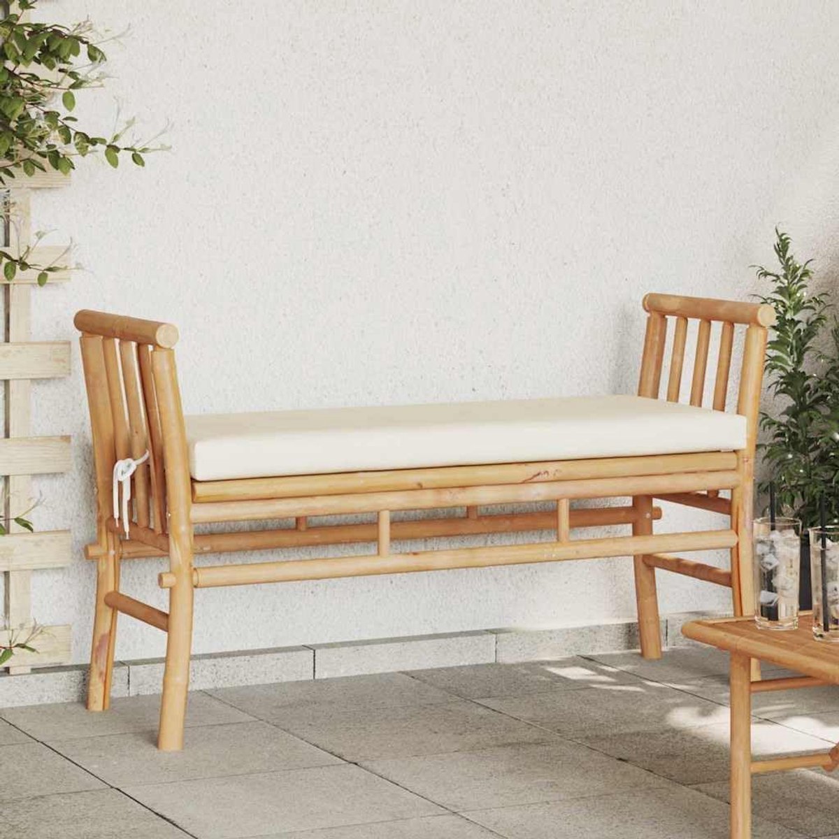 Tuinbank met kussen, 110 x 38 x 65 cm, zitbank voor terras met armleuningen, stabiel design in bruin