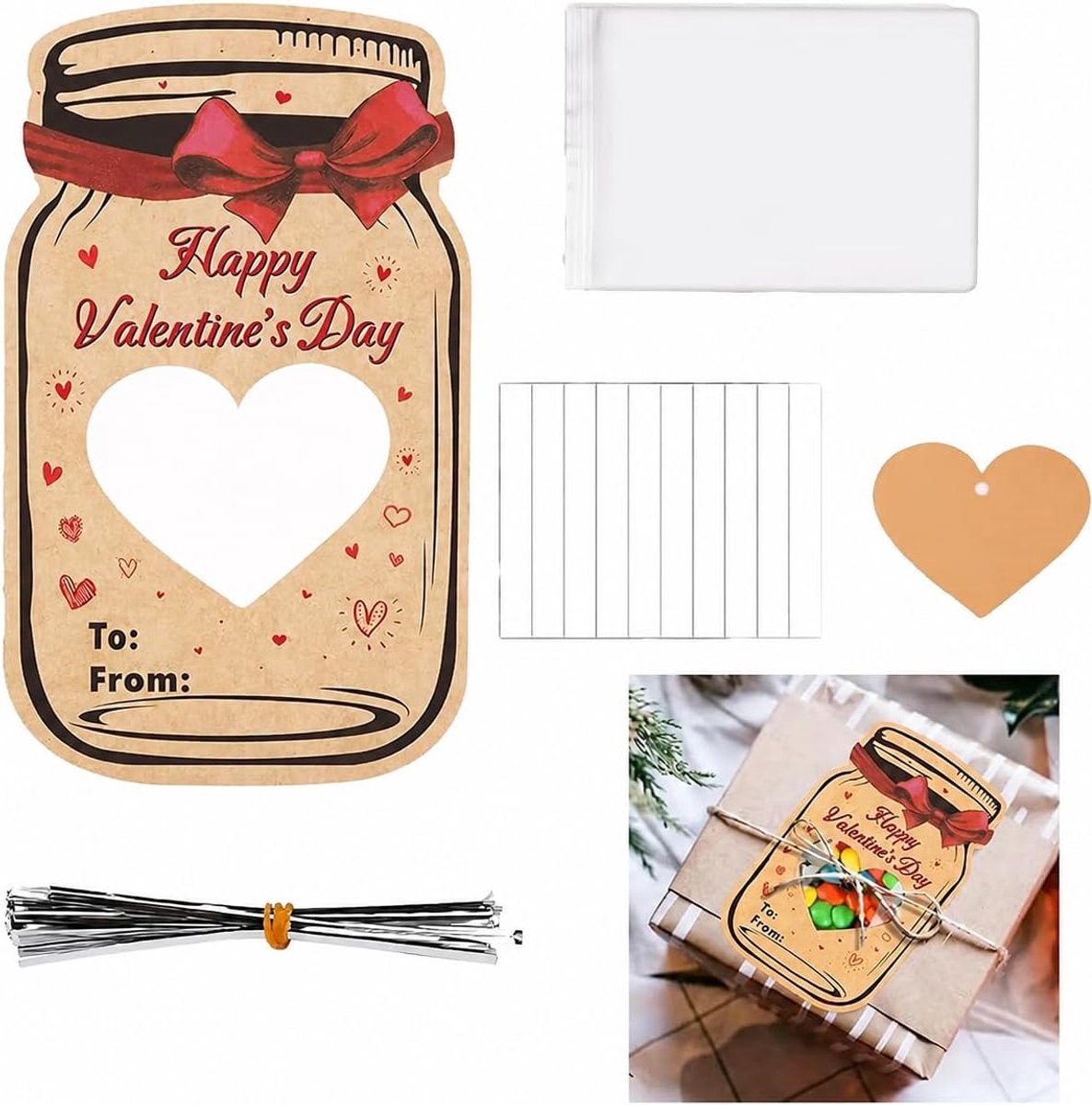 Dailygoods- Valentijnskaarten Set van 48 - Zilverkleurige Strikken - Transparante Zakjes - Maat 15x9 cm - Perfect voor Tieners - Voor Klassen en Feest