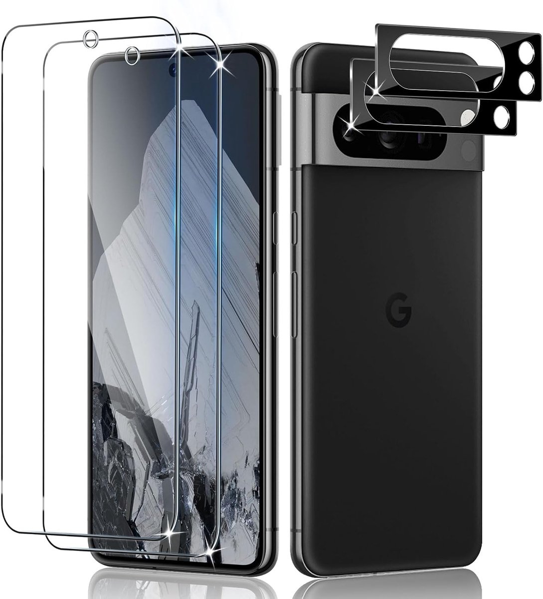 Beschermfolie voor Google Pixel 8 Pro voor pantserglas, 2 stuks gehard glas, beschermfolie met 2 stuks camerabescherming, 9H displaybescherming, ultrahelder veiligheidsglas