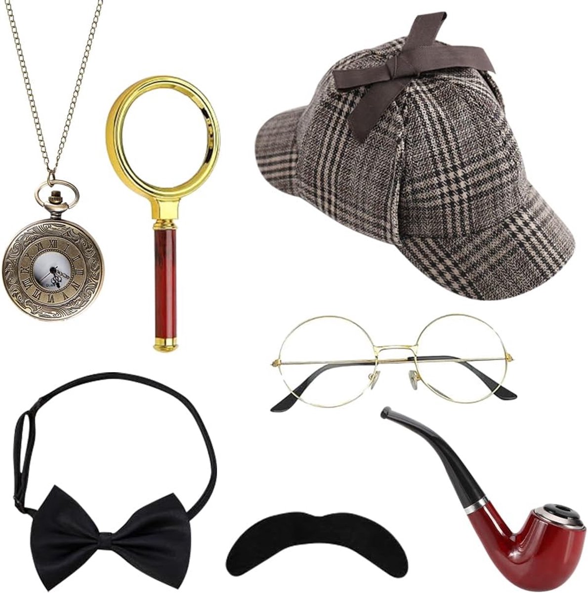 7-delige Sherlock Holmes kostuumaccessoires, Sherlock Holmes fantasie jurk kits, detective cosplay rekwisieten voor carnaval, maskerade party, personen