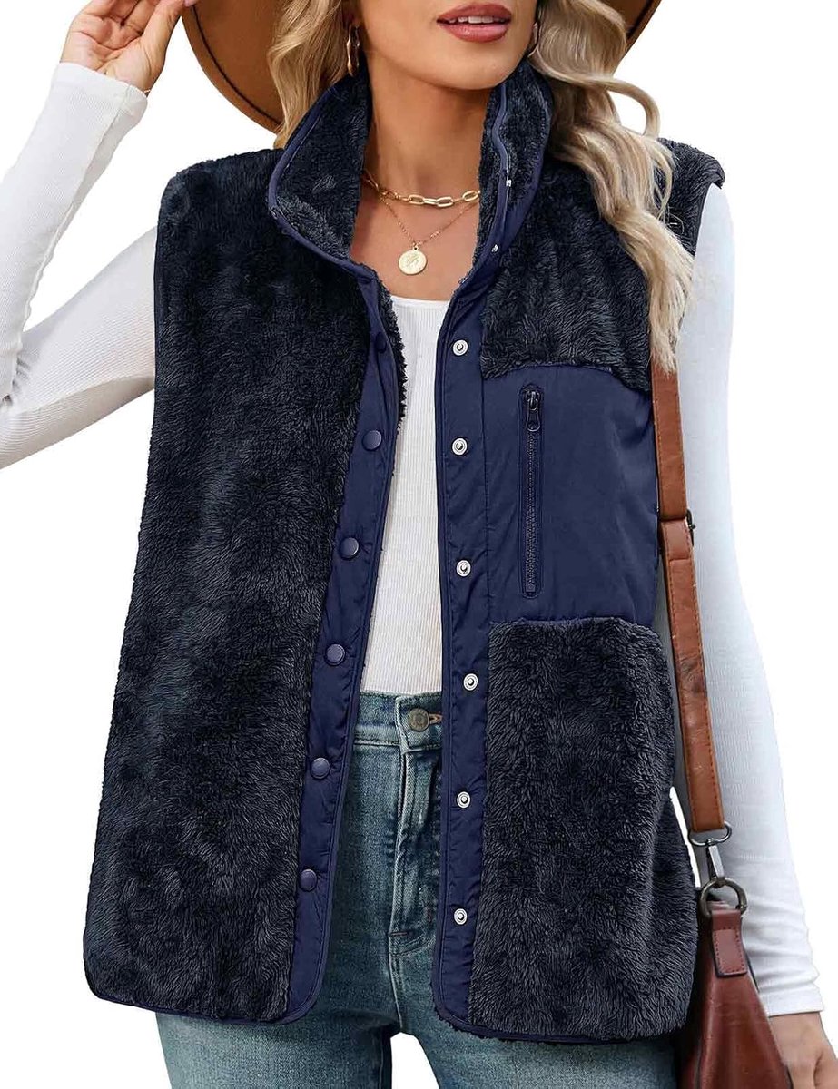Teddyfleece vest voor dames, mouwloos jasje, button-down, opstaande kraag, warm, sherpa, gezellig vest met zakken, lichtgewicht, casual fleece vest voor herfst en winter