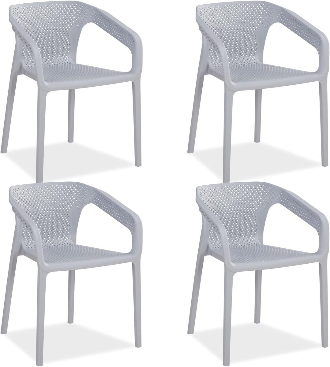 Tuinstoel, stapelbaar, kunststof, grijs, set van 4 met armleuningen, weerbestendig, tuinmeubelen, stoelen, modern
